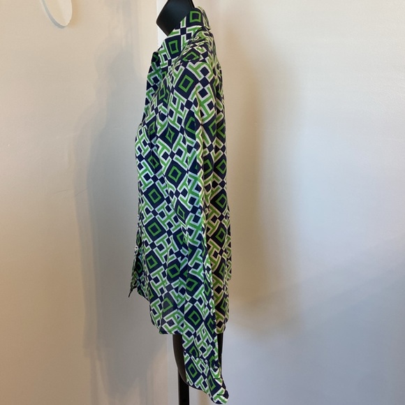 Tory Burch Women’s Button Up Blouse Geometric Navy Green Size 4 - Picture 2 of 7